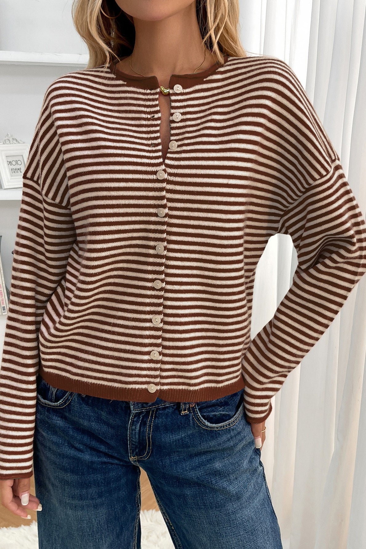 Striped Knit Round Neck Cardigan 11