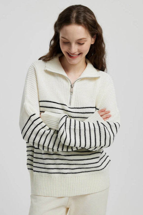 PrincessAce High Neck Striped Color Block Pullover Sweater