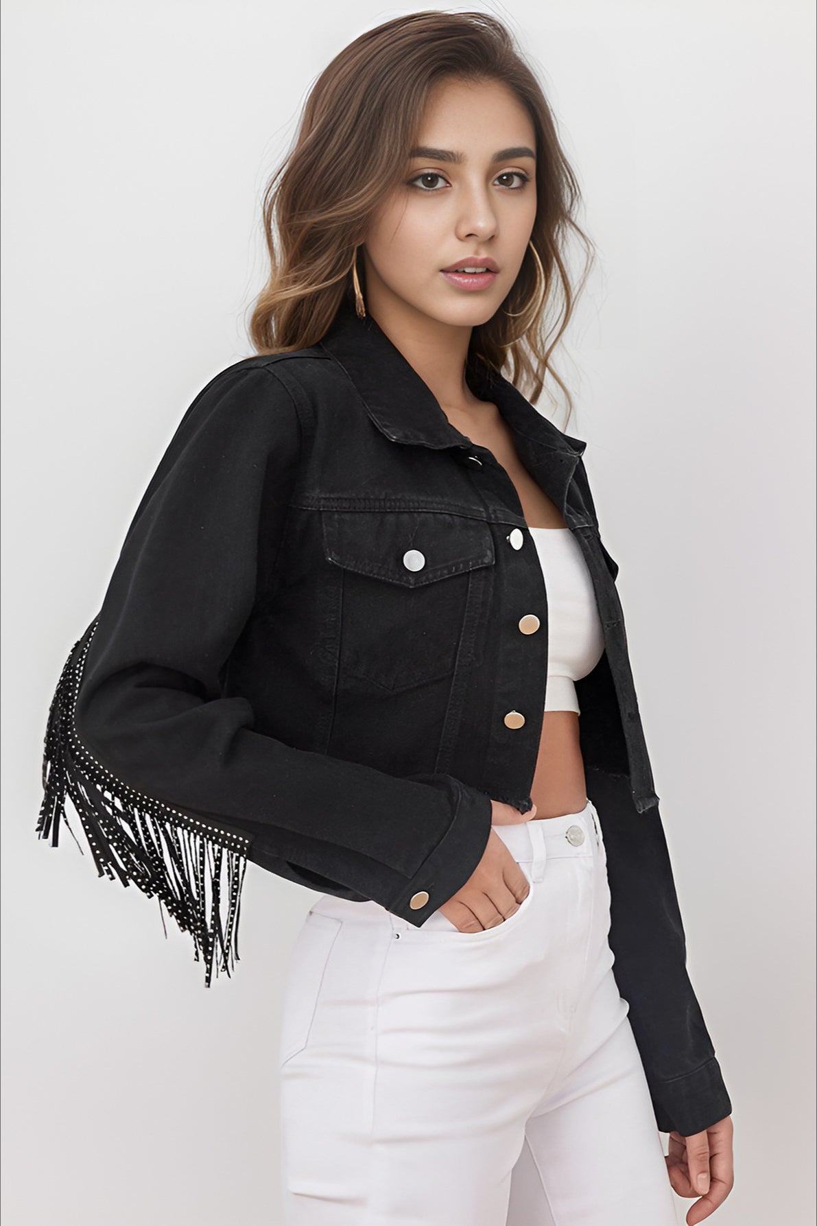 Beaded Fringe Denim Coat with Raw Hem for Stylish Layering - Fashionpara