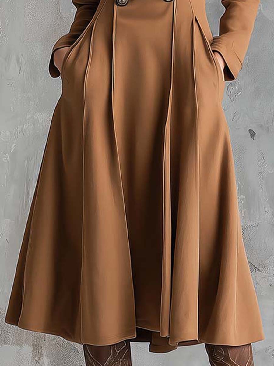 Vintage Camel Double-Breasted Midi Coat Dress - Fashionpara