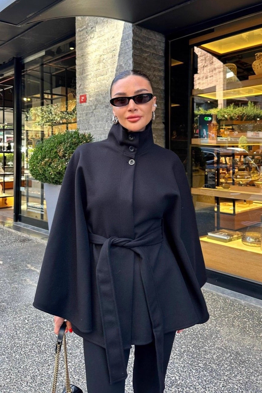 Belted High-Quality Stand Collar Coat for Elegant Style - Fashionpara