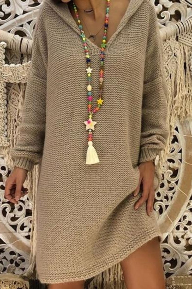 Solid Hooded Casual Long Sweater Dress