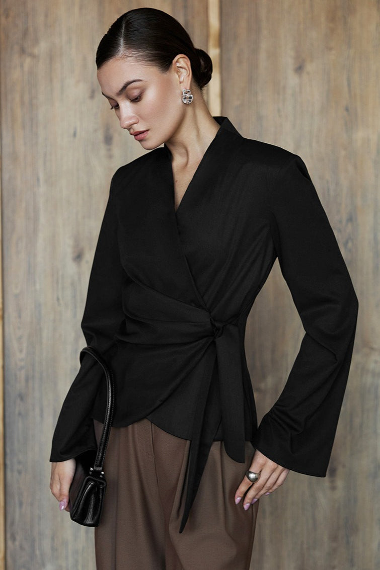 V Neck Asymmetric Tie Blouse