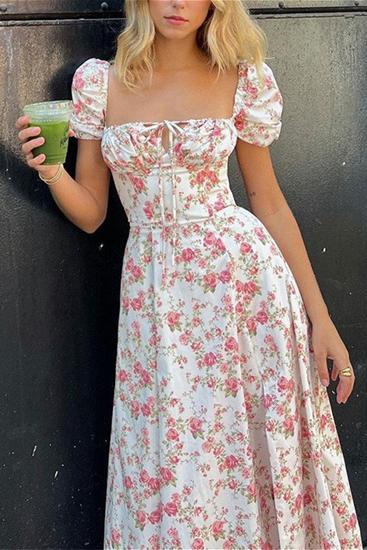 Floral Print Square Neck Puff Sleeve Corset Maxi Dress