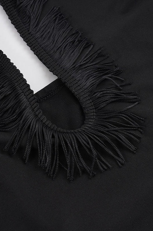 Fringe Halter Neck Plunge Asymmetric Mini Dress