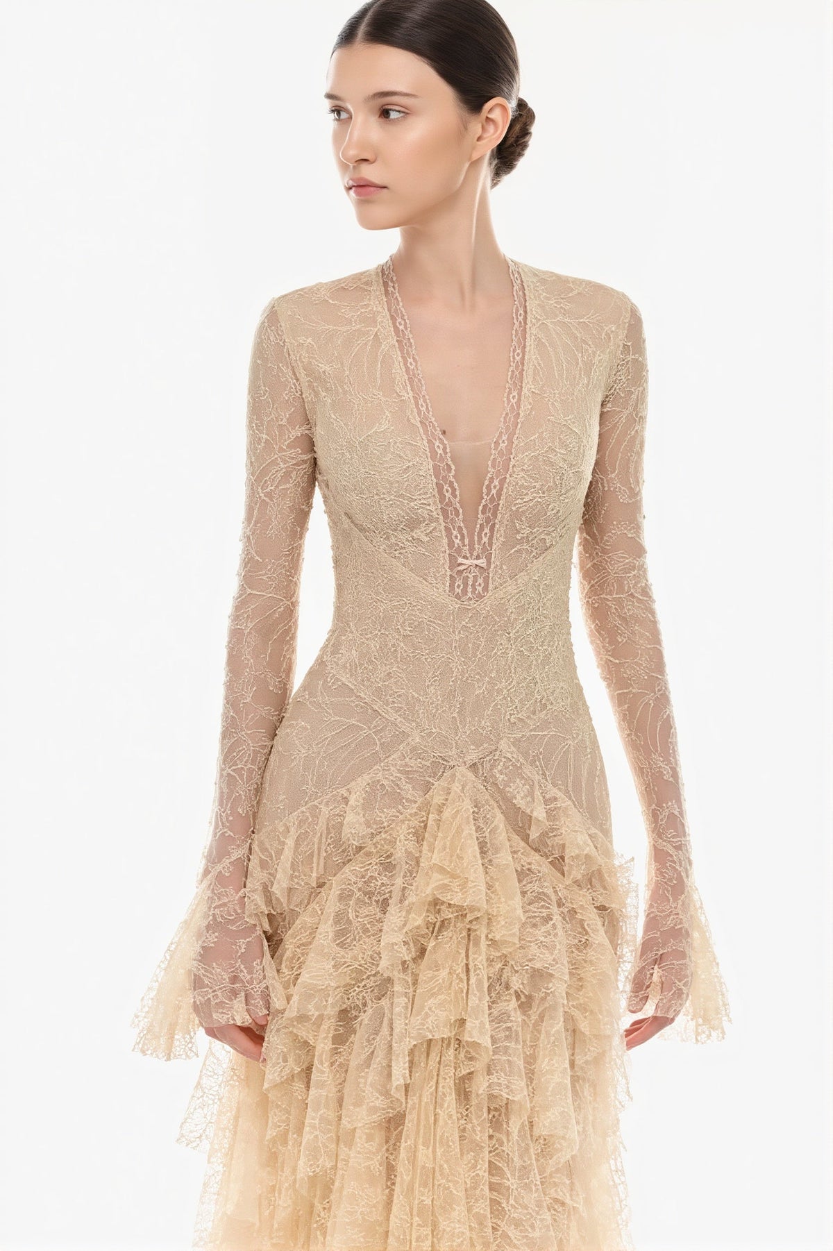 Lace Long Sleeve Deep V Ruffle Maxi Gown