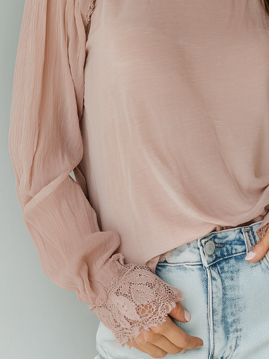 Retro Round Neck Lace Trim Long Sleeve Blouse - Fashionpara