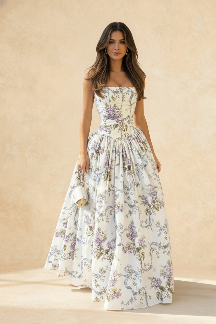 Rayon Printed Strap Pleated Maxi Dress