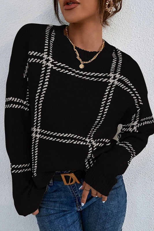 Plaid Crew Neck Relaxed Sweater 5