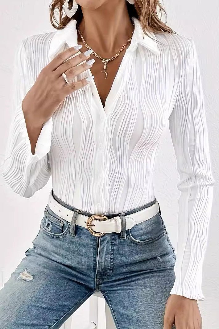 Ribbed Solid Color Fitted Blouse