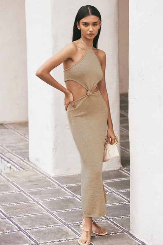 Halter Neck Backless Hollow Out Slim Maxi Dress