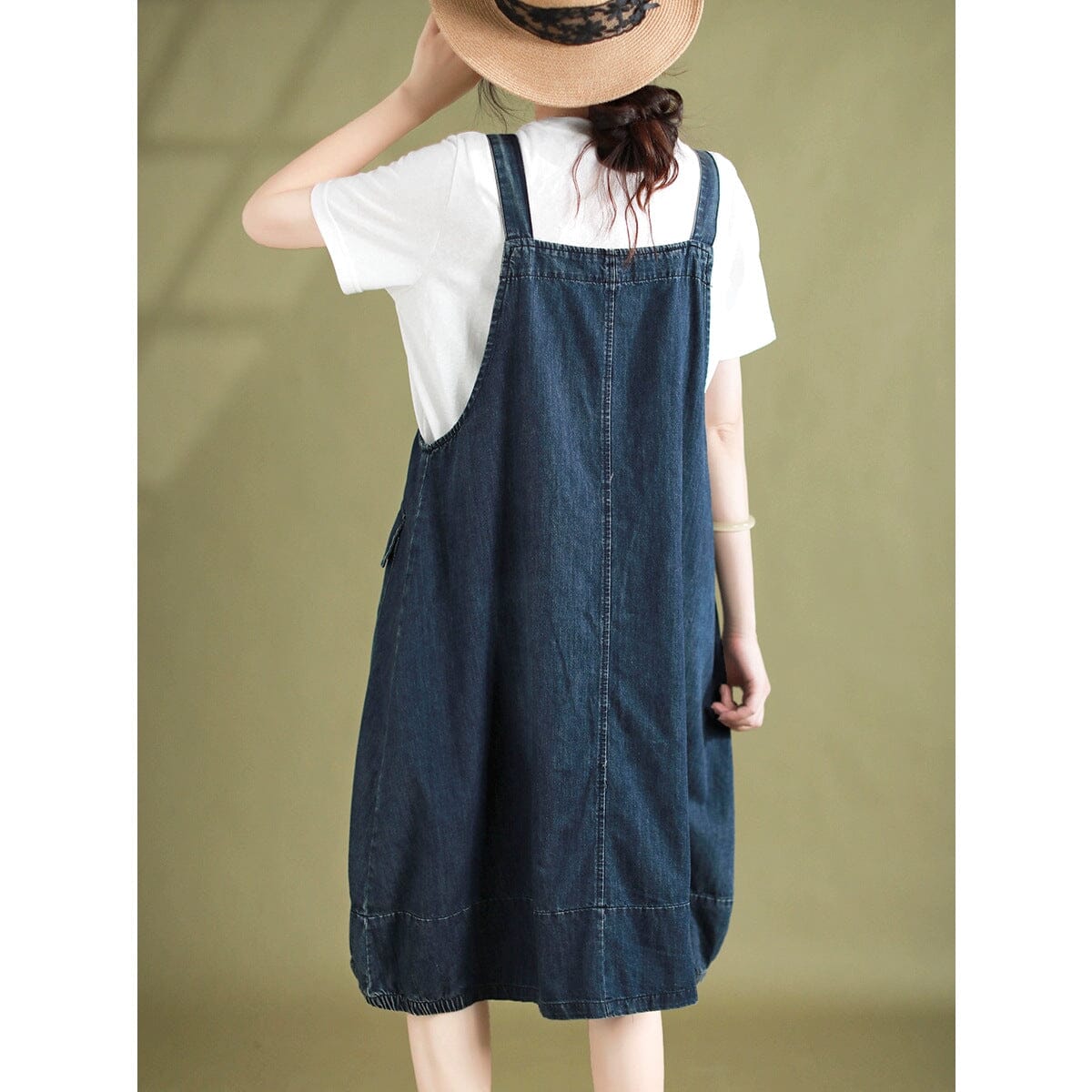 Sleeveless Denim Pinafore Flap Pocket Button Strap Midi Dress - View 2