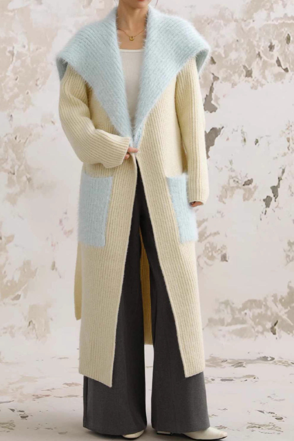 Faux Fur Collar Long Patchwork Loose Knit Overcoat