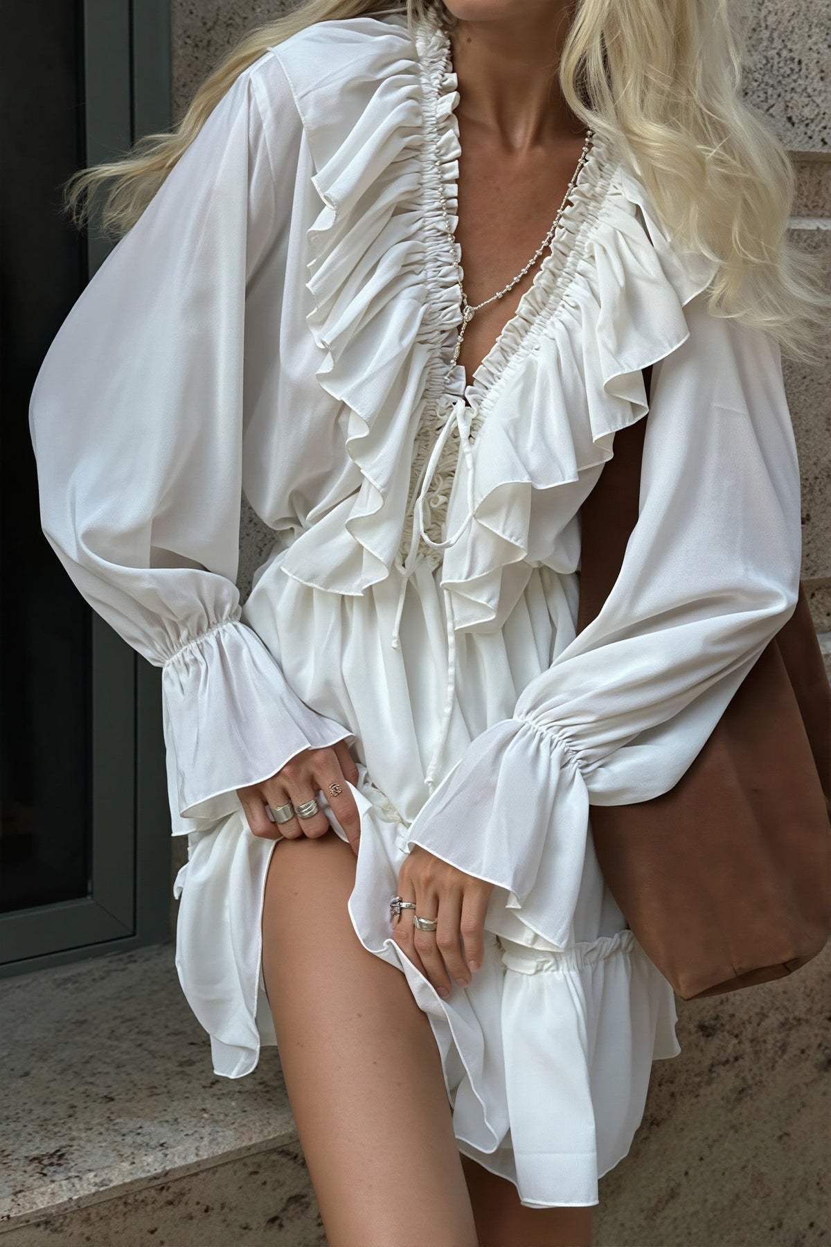 Ruffle Frill V-Neck Long Sleeve Tiered Mini Dress 4