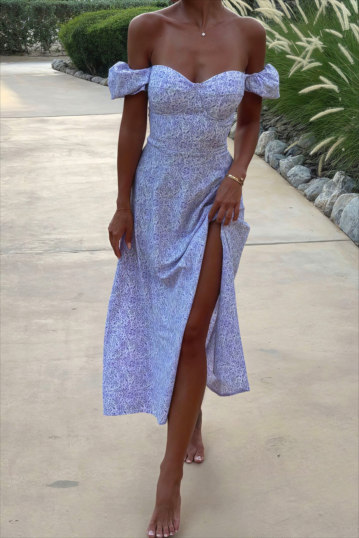 Floral Off Shoulder Corset High Split Maxi Dress 10