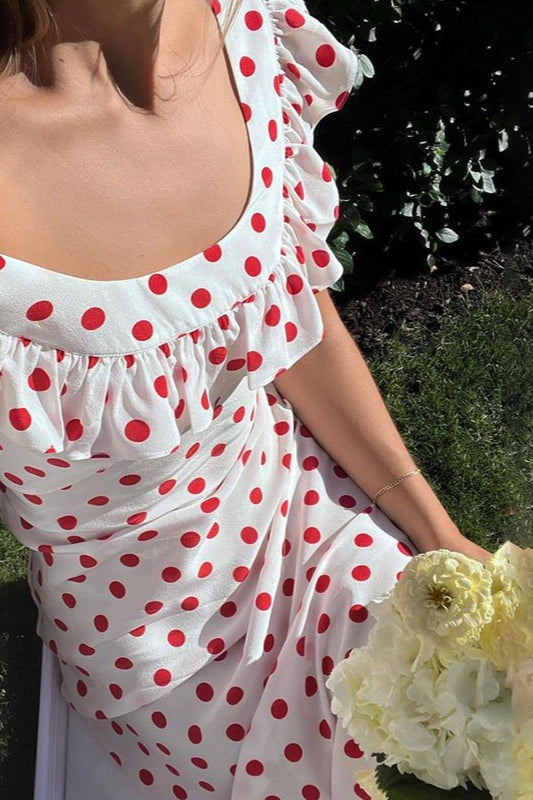 Polka Dot Off Shoulder Ruffle A-Line Midi Dress