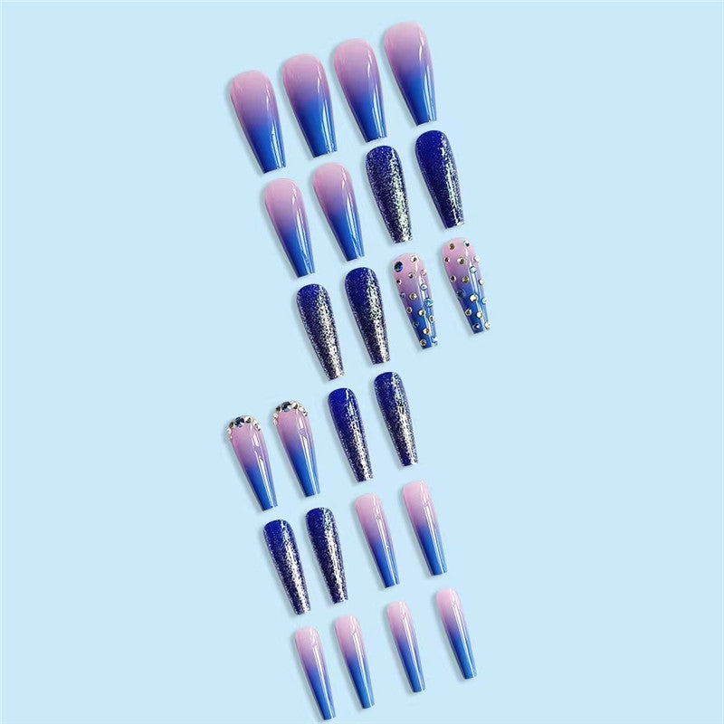 24pcs Long Coffin Rhinestone Decor Gradient Fake Nail & 1sheet Tape