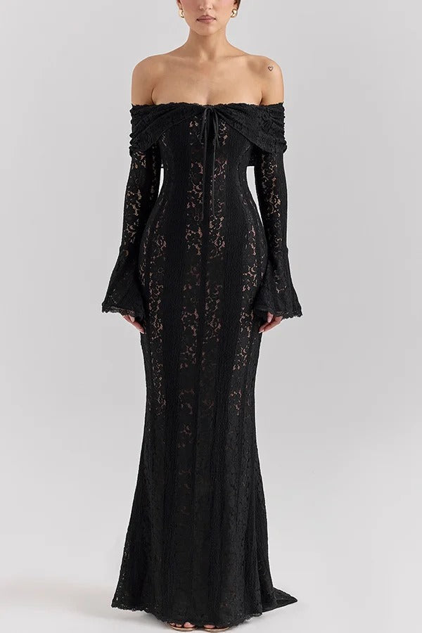 Leila Off Shoulder Floral Lace Flared Sleeve Fishtail Maxi Dress - View 13
