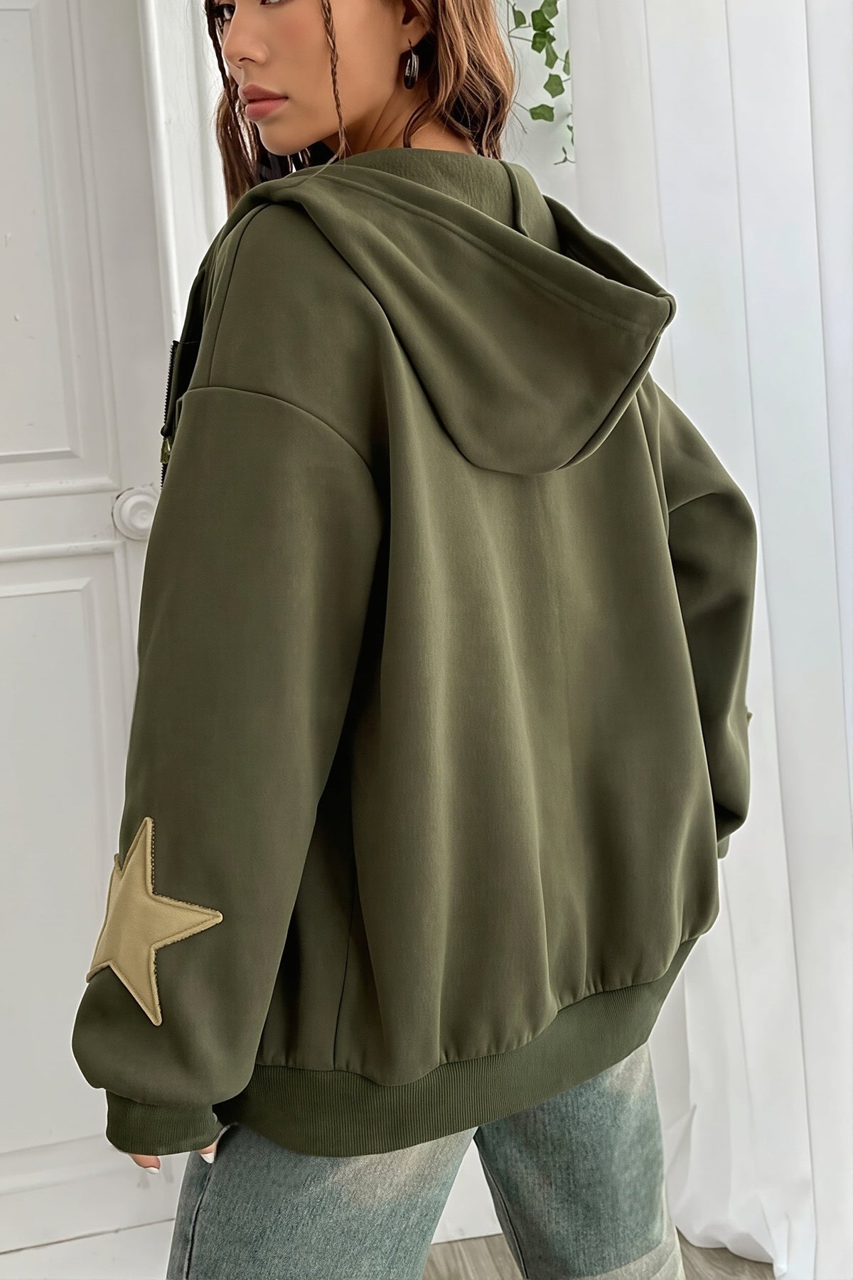 Star Contrast Oversize Zip Hoodie 8