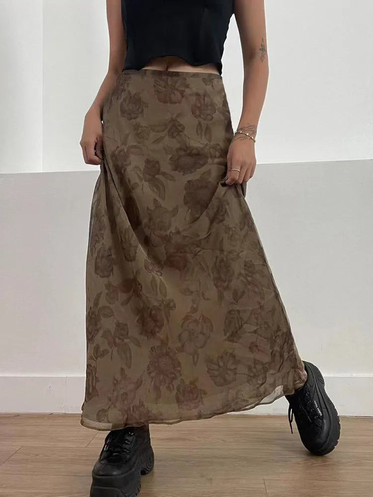 Autumn Long Skirt Vintage Floral Print Low Rise Skirt
