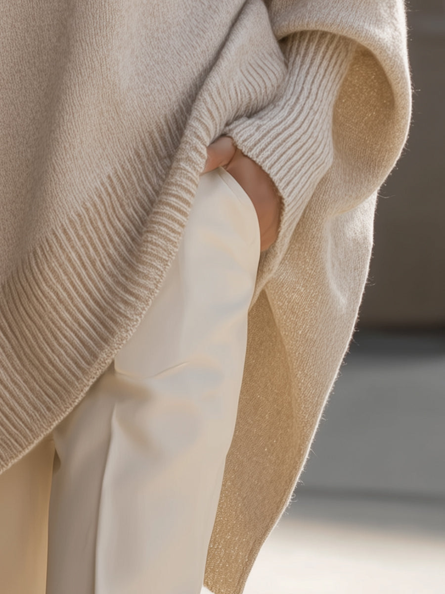 Mock Neck Batwing Sleeve Asymmetric Hem Oversized Poncho Sweater 9