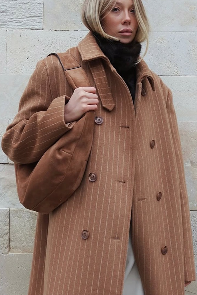 Vintage Pinstripe Notch Collar Long Wool Overcoat - Fashionpara