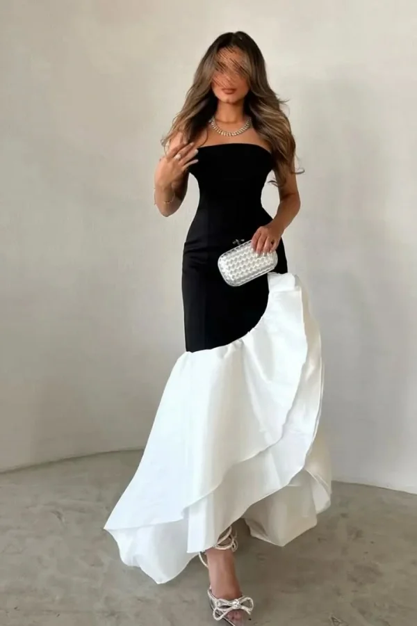 Chic Black White Ruffles Strapless Evening Dress ZT0439