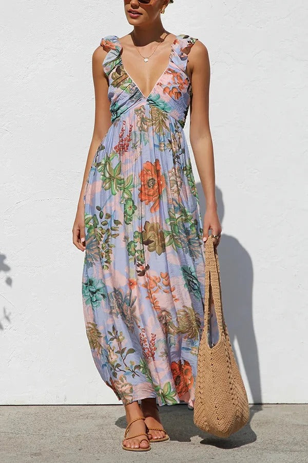 Unique Printed V-neck Ruffled Straps Pleated Back Maxi Dress - Fashionpara