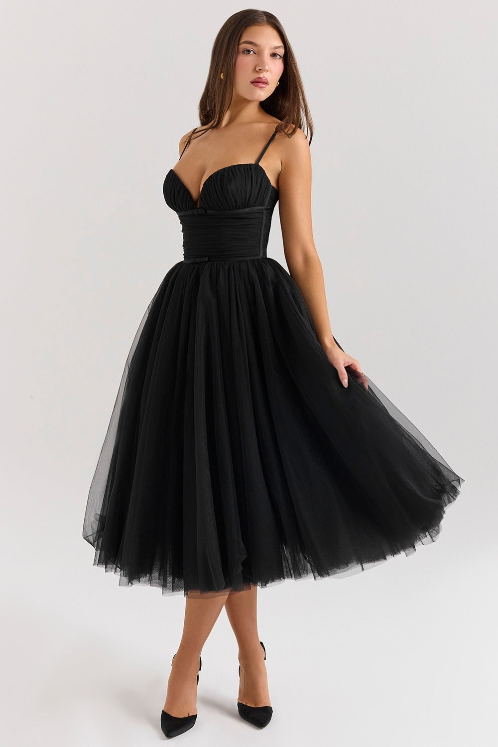 Tulle Sweetheart Spaghetti Strap Corset Fit and Flare Midi Dress