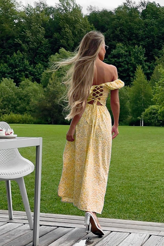 Floral Off Shoulder Puff Sleeve High Split Maxi Dress 7