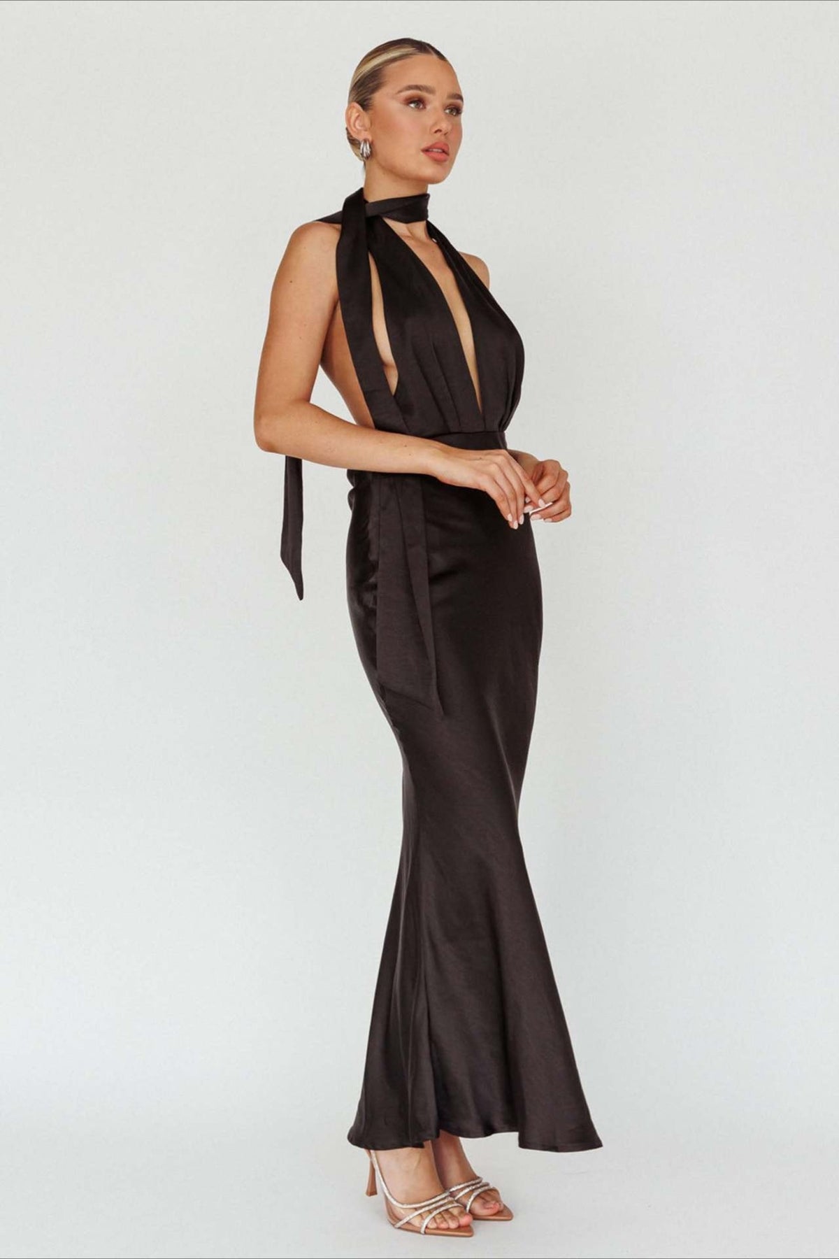 Satin Halter Neck Deep V-Neck Scarf Tie Maxi Gown 8