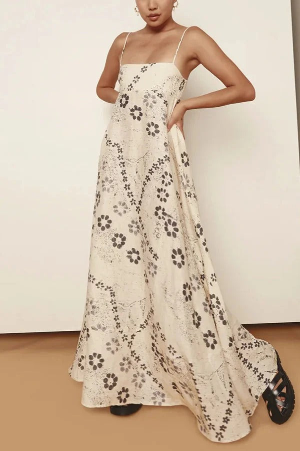 Linen Blend Floral Print Strappy Full-hem Backless Maxi Dress - Fashionpara