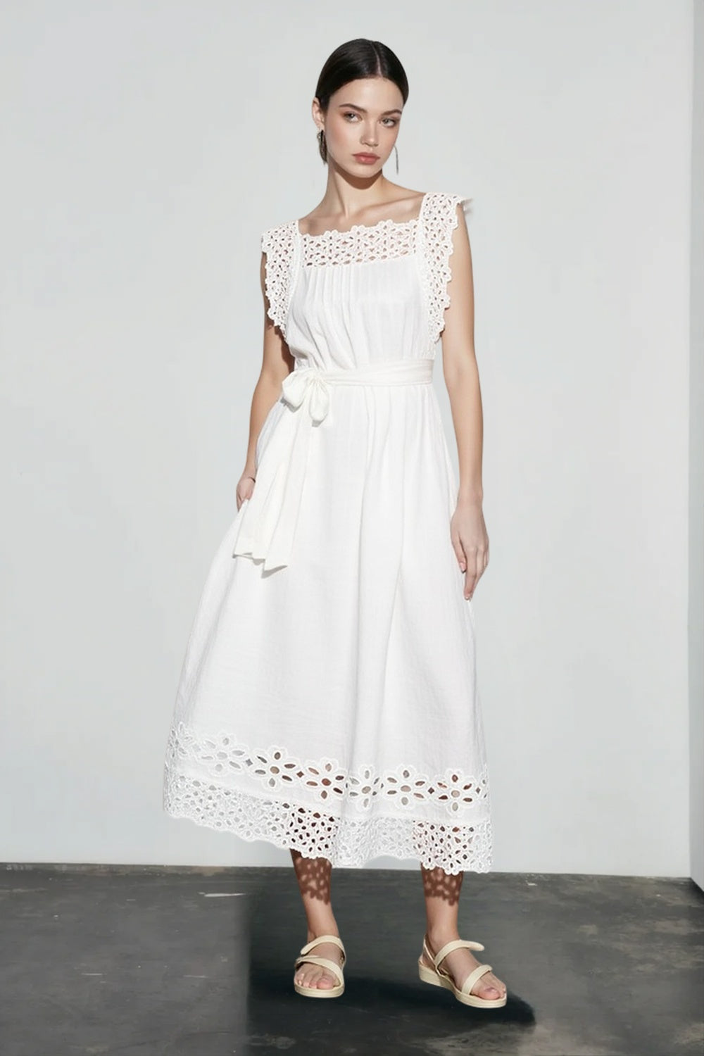 Eyelet Square Neck Belted Scalloped Midi Dress