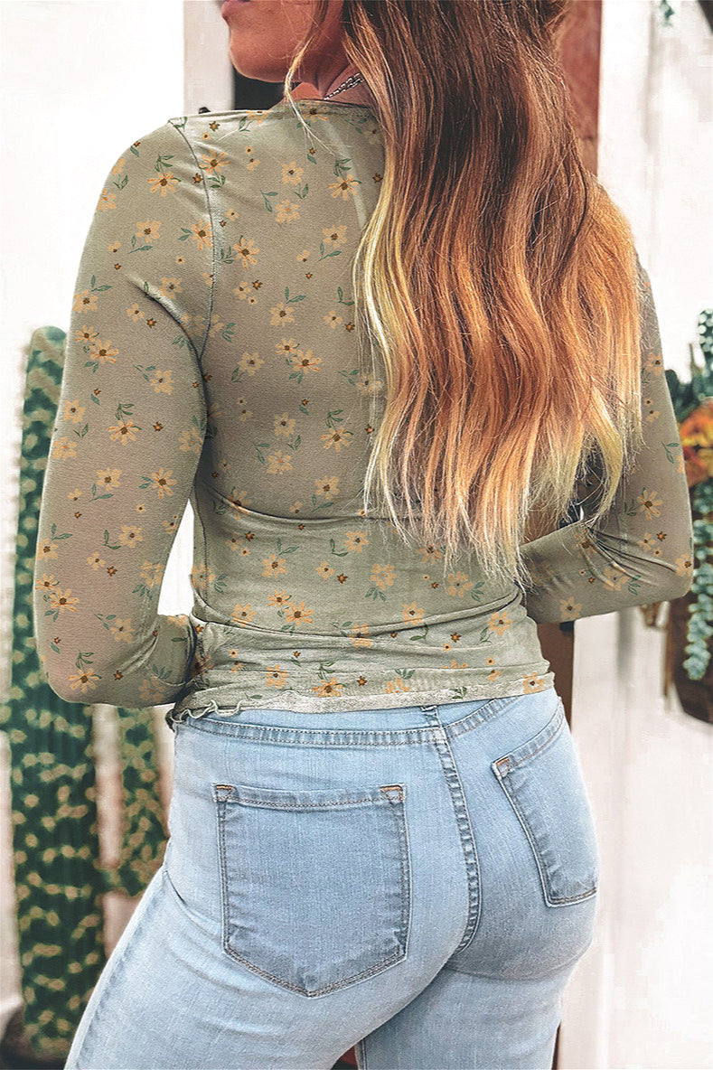 Slim Fit Floral Long Sleeve Pullover Blouse