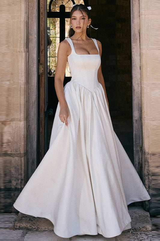 Satin Square Neck Wide Strap Drop Waist A-Line Maxi Dress