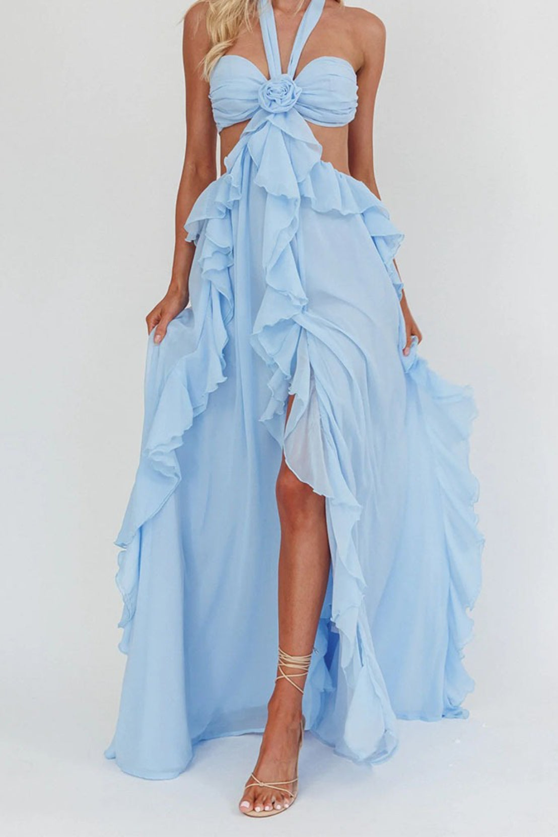 Strapless Chiffon Ruffle Rosette Cut Out High Split Maxi Dress - View 6