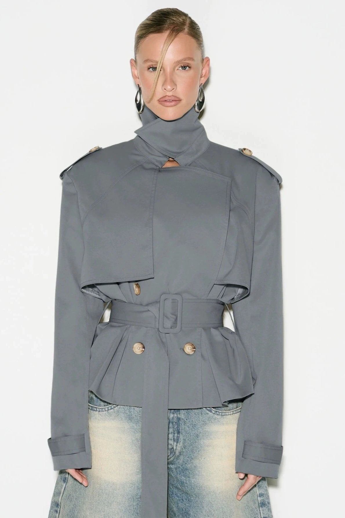 Cape Overlay Belted Short Trench Coat