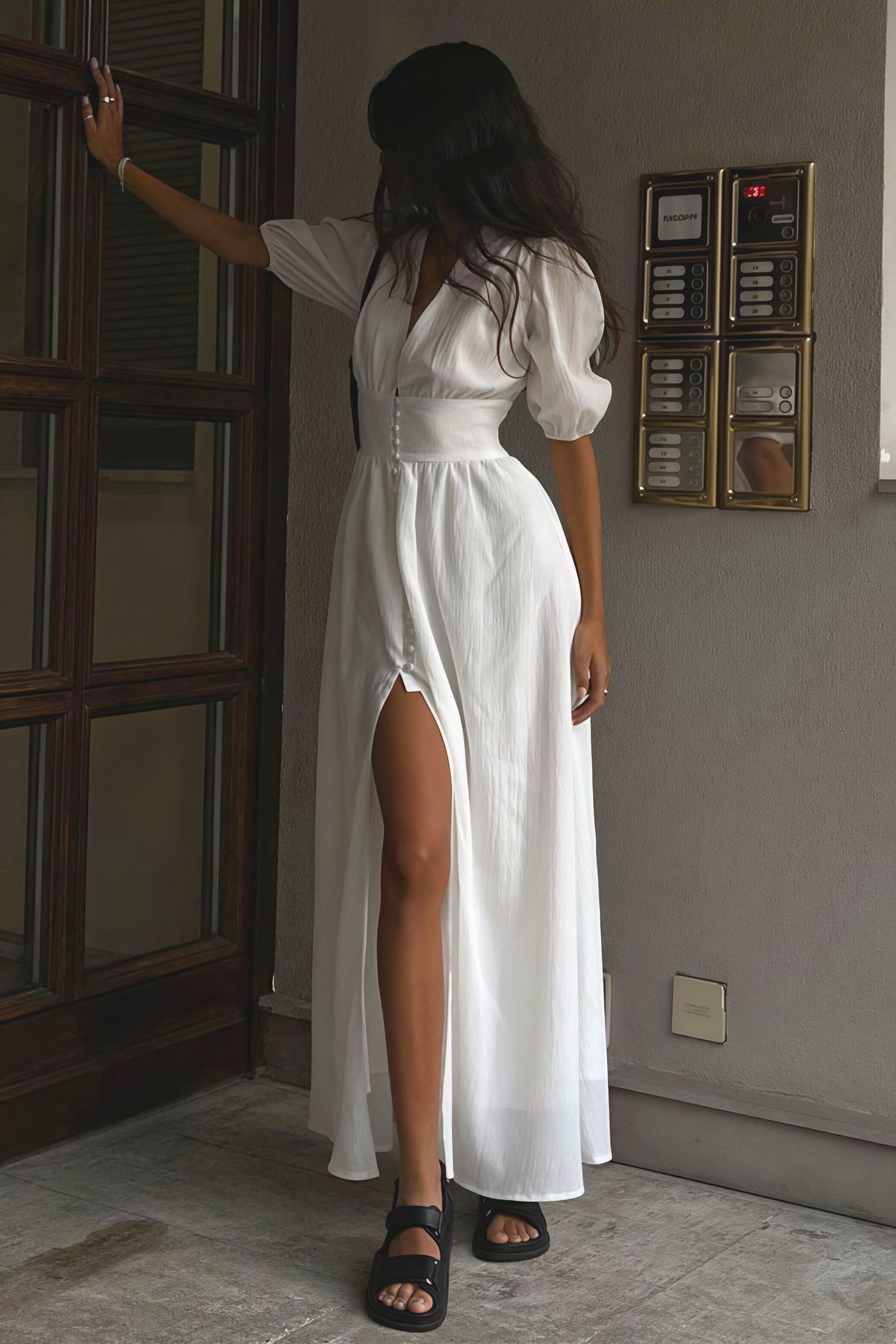 V-Neck Puff Sleeve Button Front A-Line Maxi Dress 2