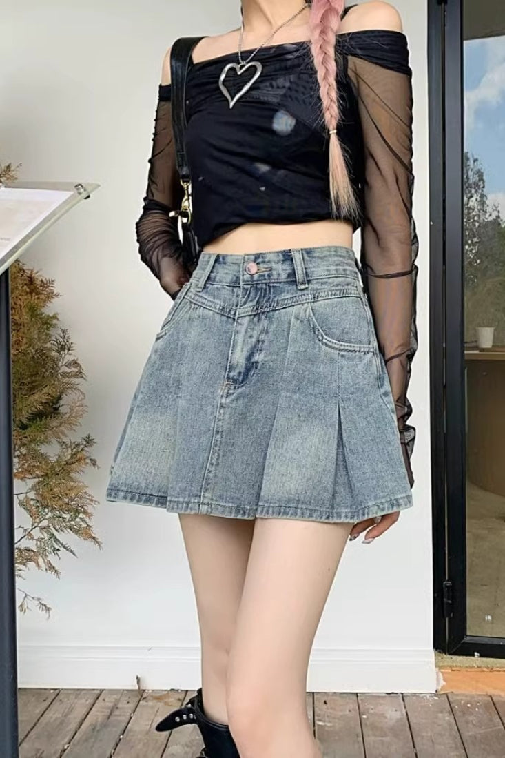 High-Waist Pleated Denim Mini Skort