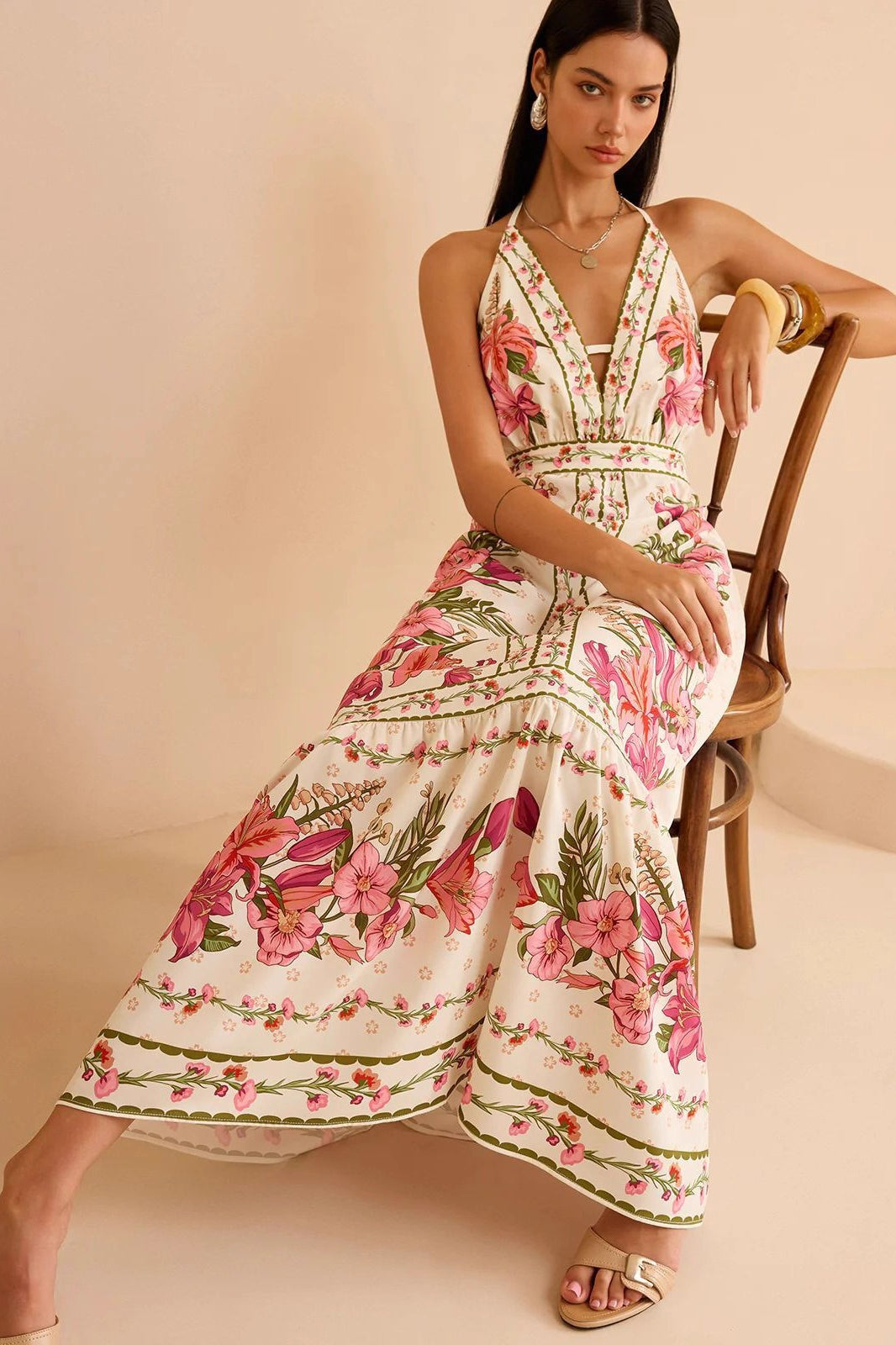 Floral Print Plunge Halter Backless Boho Dress