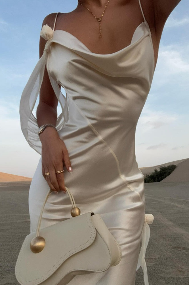 Satin Cowl Neck Spaghetti Strap Low-Back Slip Maxi Dress