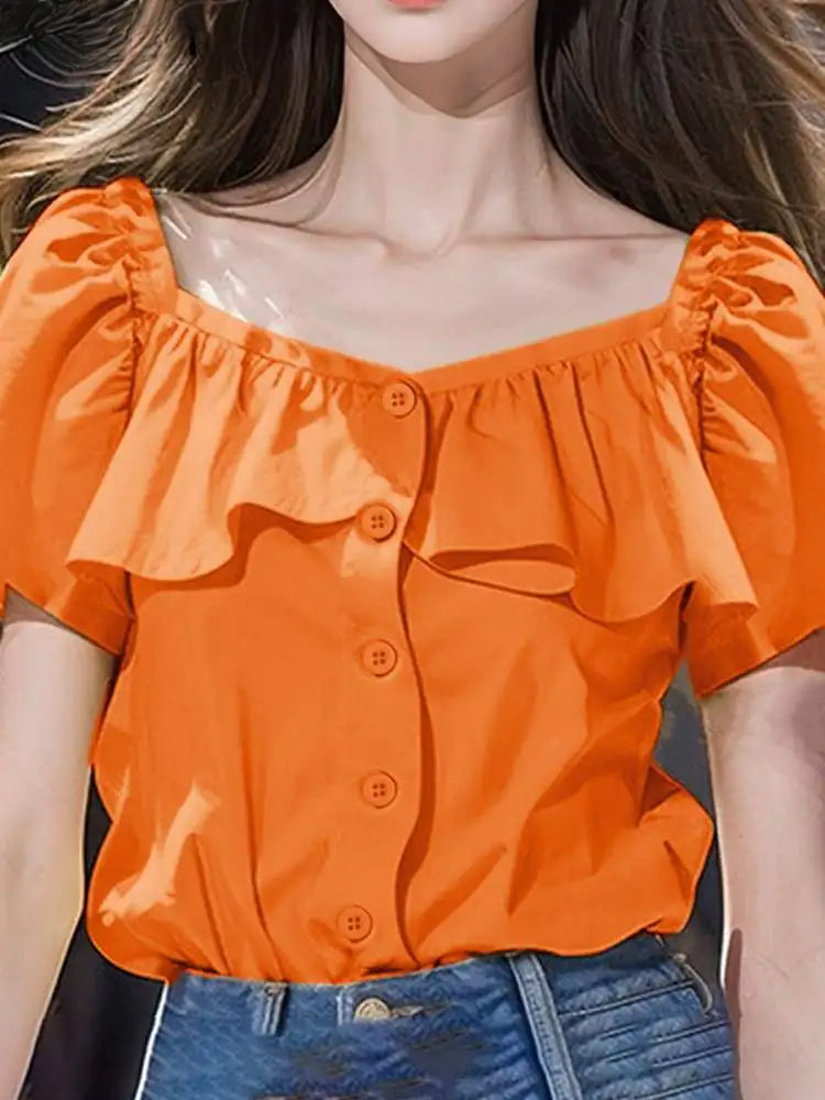 Sexy Square Collar Short Sleeve Casual Blouse