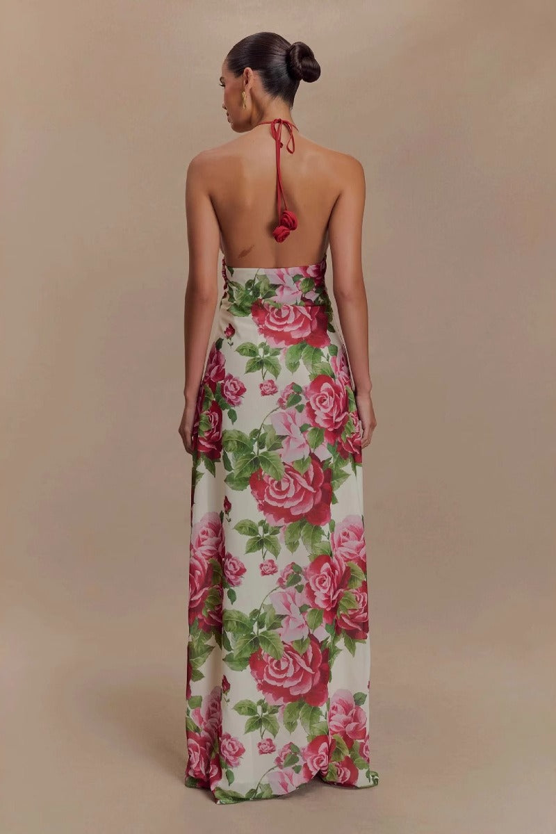 Floral Print Halter Neck Mermaid Maxi Dress