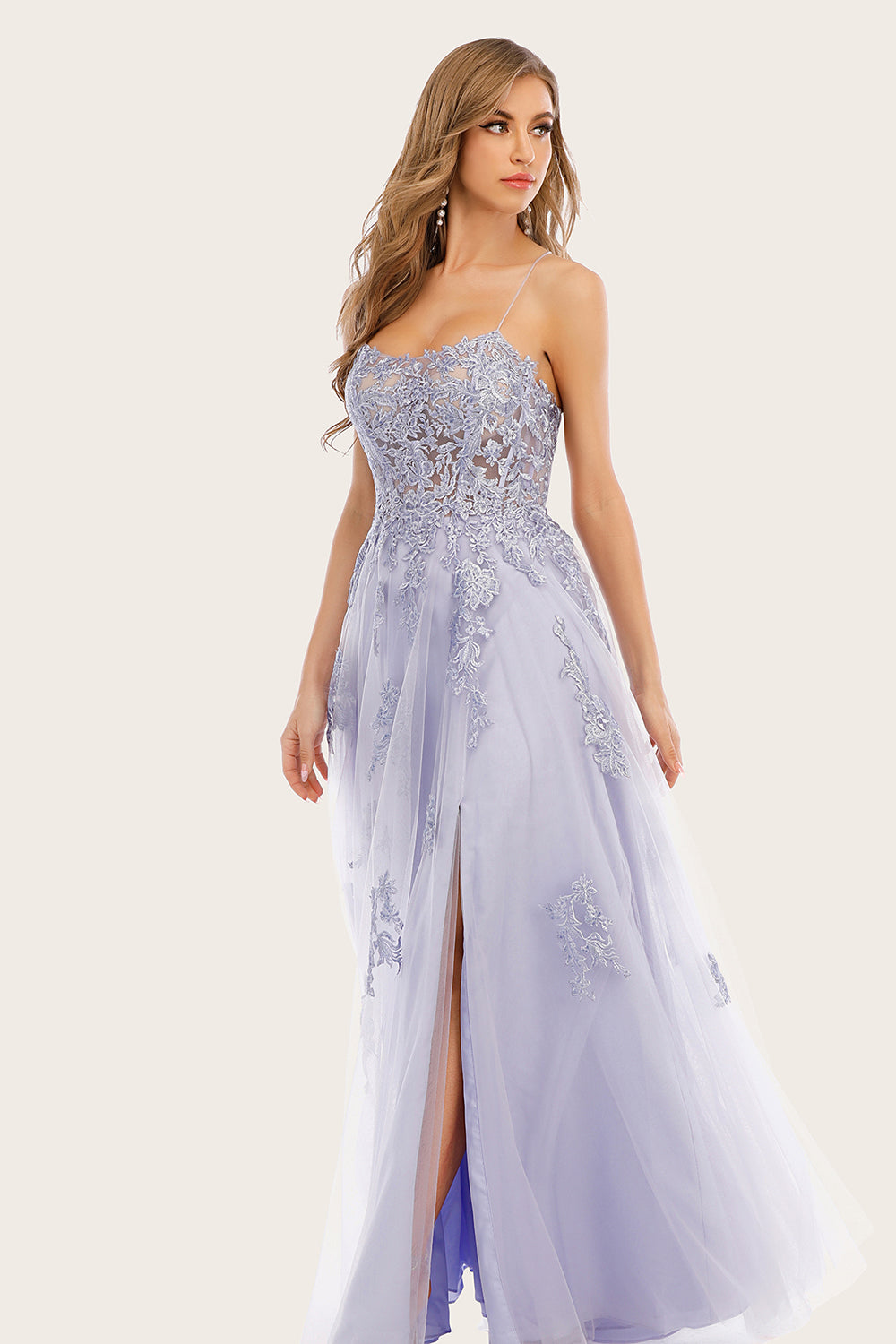 Lavender Tulle Long Prom Dress with Lace - Fashionpara