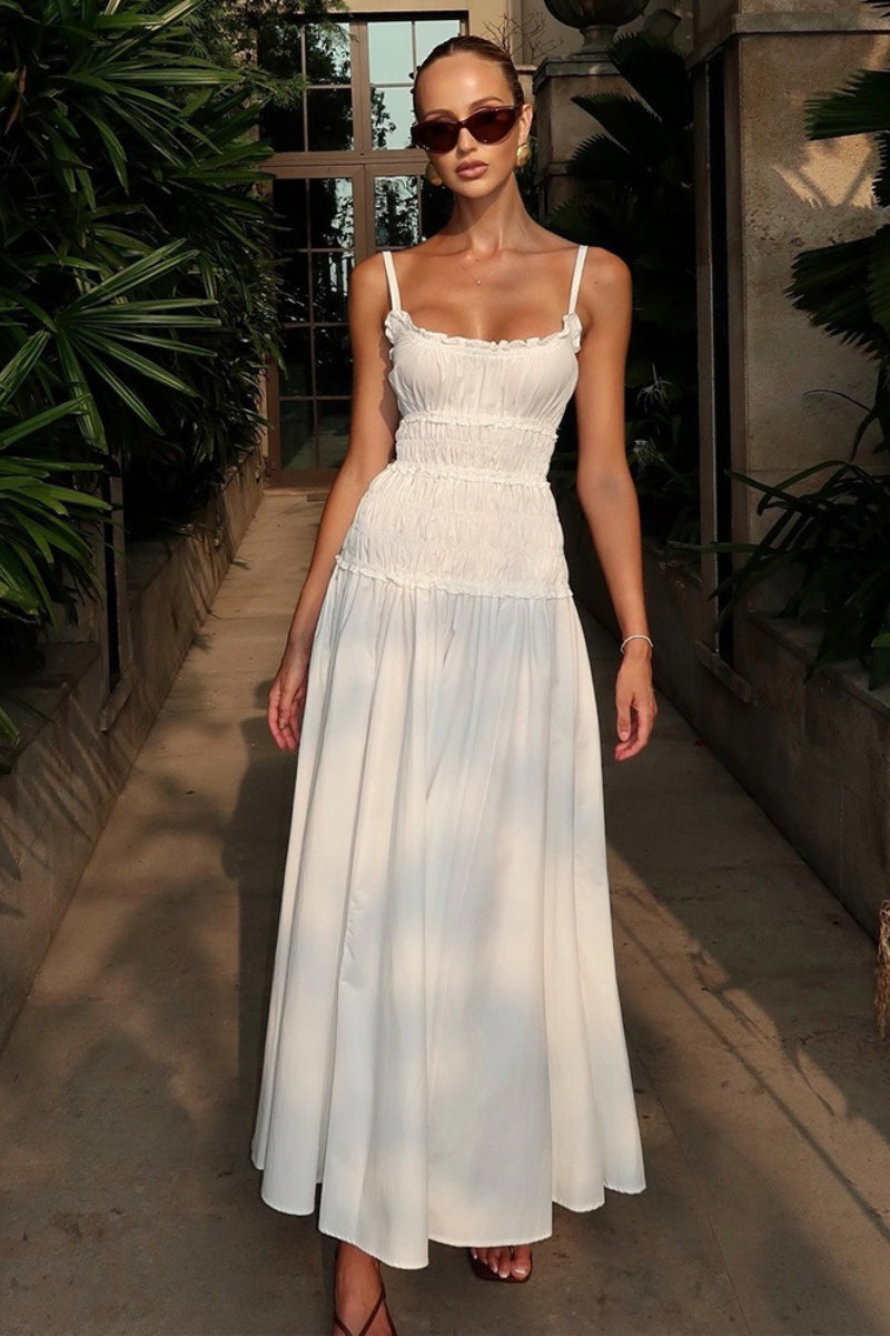 Shirred Bodice Square Neck Tiered Maxi Dress