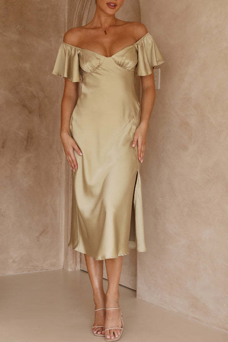 Satin Off Shoulder Sweetheart Ruched Bust Midi Dress - View 4