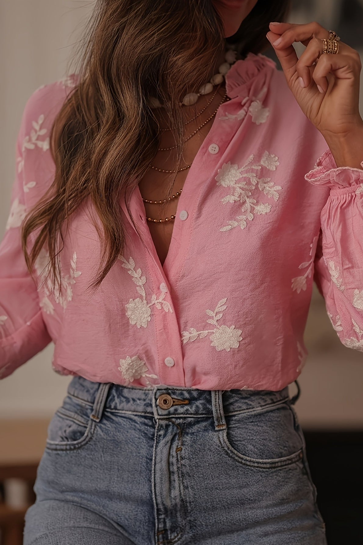 Long Sleeve Printed Lantern Sleeve Blouse