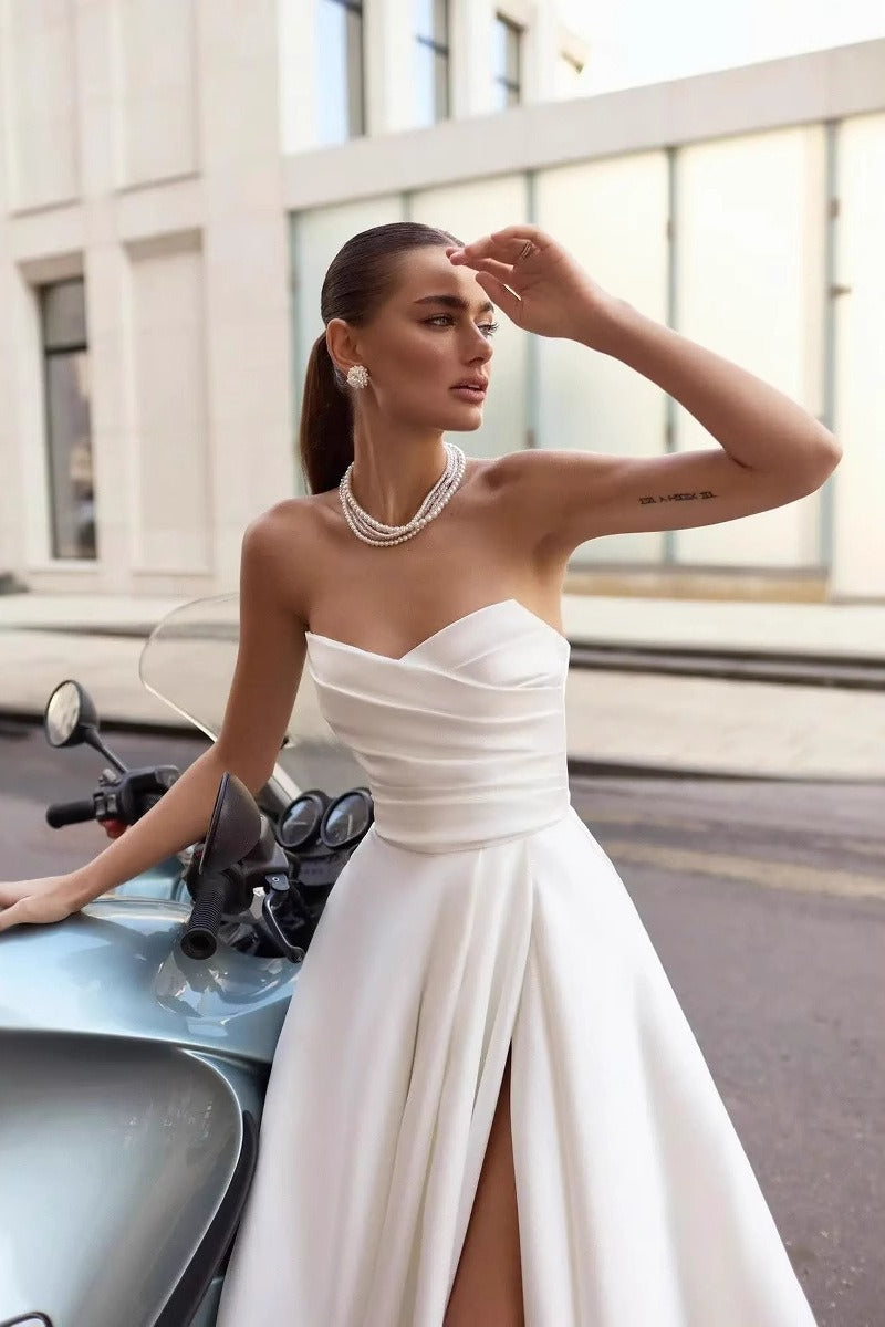 Satin Strapless Sweetheart High-Slit A-Line Gown