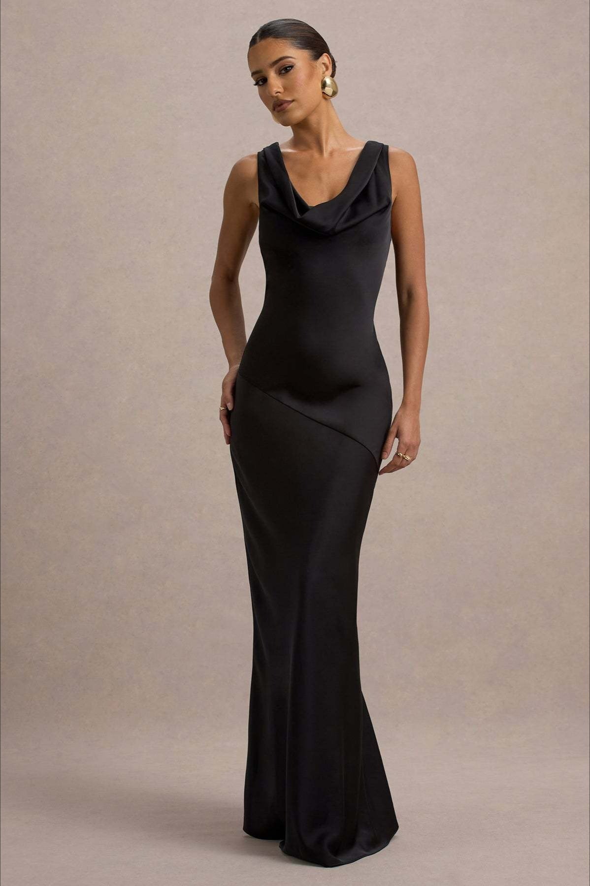 Satin Cowl Neck Wide Strap Sleeveless Diagonal Seam Sheath Maxi Gown - View 5