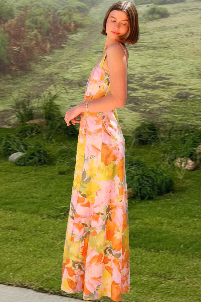 Floral Print Square Neck A-Line Maxi Dress